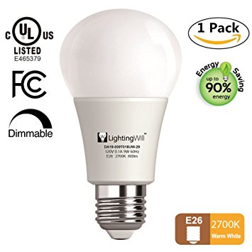 LightingWill LED Light Bulb UL-Listed Dimmable A19 CRI80 Warm White 2700K 800LM 9W(60W Equivalent) Decorative Light Bulb E26 screw Base 220° Beam Angle 120V 60Hz 3 Years Warranty Pack of 1 Unit