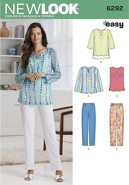 New Look Sewing Pattern 6292: Misses' Tunic or Top and Pull-on Pants, Size A, Multicolor