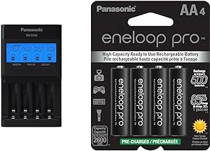 Panasonic BQ-CC65AKBBA Super Advanced eneloop pro and eneloop 4-Position Quick Charger & BK-3HCCA4BA eneloop pro AA High-Capacity Ni-MH Pre-Charged Rechargeable Batteries, 4-Battery Pack