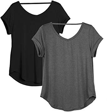 icyzone Yoga Shirts for Women Open Back - Workout Tops Short Sleeves t Shirts Loose fit(Pack of 2)