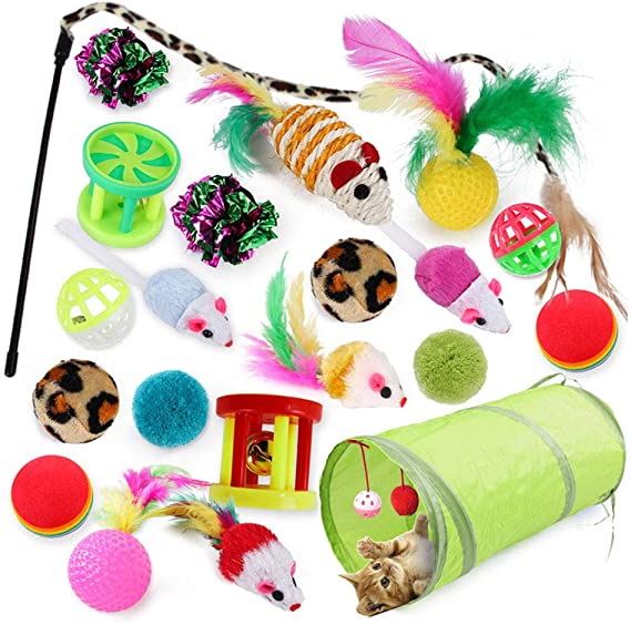Yeelan 21 pcs Cat Interactive Toys, Funny Pet Kitten Wand Teaser, Cats Sticks with Feathers, Colorful Sounding Toy, Pets Indoor Entertainment Play Set and Exerciser for Cat and Kitty