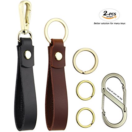 Genuine Leather Car Key Chain for Men and Women - Kit Includes Black and Brown Leather Valet Key Chain with Quick Detachable Key Chain Rings - Handmade Leather Strap with Alloy Metal
