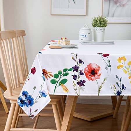 Sunm Boutique Watercolor Wild Flowers Tablecloth, Spring Floral Table Cloth, 60 x 84 inch, Machine Washable Waterproof Table Cover for Easter, Dining, Holiday, Parties