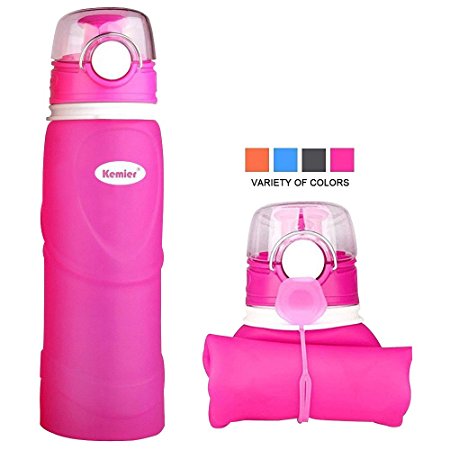 Kemier Collapsible Silicone Water Bottles-750ML,Medical Grade,BPA Free,FDA Approved,.Can Roll Up,26oz,Leak Proof Foldable Sports & Outdoor Water Bottles