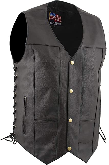 USA Leather 1204 Men's Black 'Dime' Classic Leather Ten Pocket Vest with Side Laces