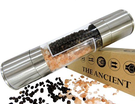 The Ancient Salt and Pepper Grinder Set - Professional Two in One Stainless Steel Mill - Grind from Coarse to Fine in 2 Seconds