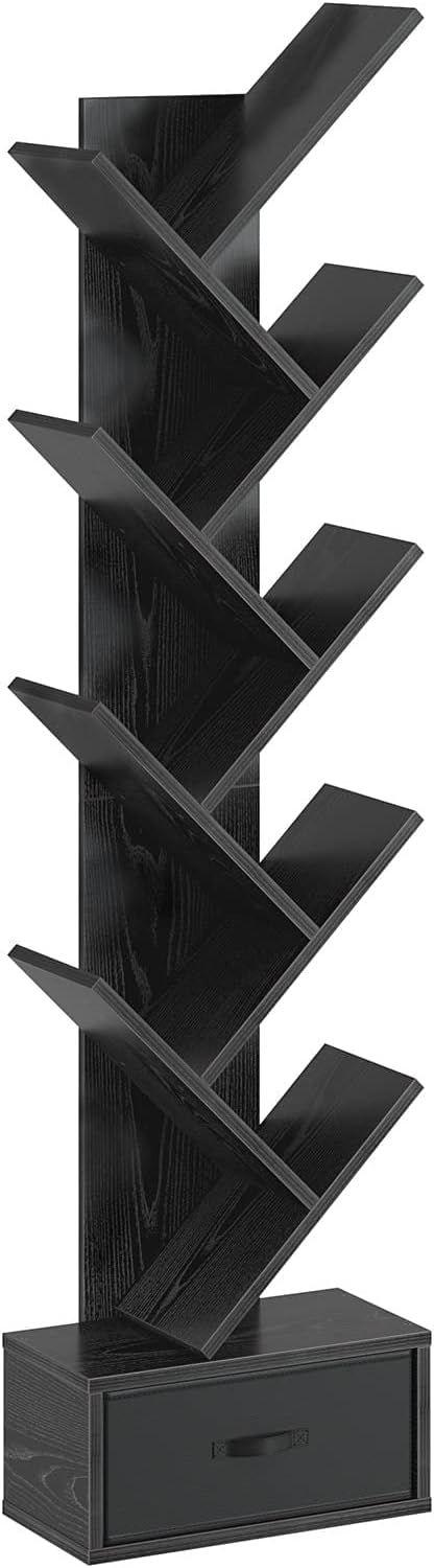 Rolanstar Bookshelf with Drawer, 9-Tier Tree Bookshelf, Retro Black Bookcase, Wooden Storage Rack for CDs/Movies/Books, Utility Organizer Shelves for Living Room, Bedroom, Home Office