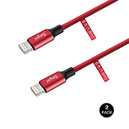 iPhone Charger,Segsi 6ft/1.8m Lightning Sync and Charger Cable Durable with Sewing Soft Cloth Jacket Compitiable for iOS 7/8/9/10 and iPhone 7/ 6s / 6s plus / 6 / 6 Plus / SE / 5s / 5c / 5, iPad / Air / Air2 / mini / mini2 / mini3, iPad 4th gen, iPod touch 5th gen, and iPod nano 7th gen (6ft 2 Pack, Red)