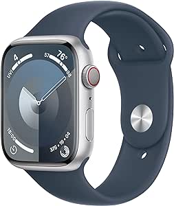 Apple Watch Series 9 [GPS   Cellular 45mm] Smartwatch with Silver Aluminum Case with Storm Blue Sport Band S/M. Fitness Tracker, Blood Oxygen & ECG Apps, Always-On Retina Display (Renewed)