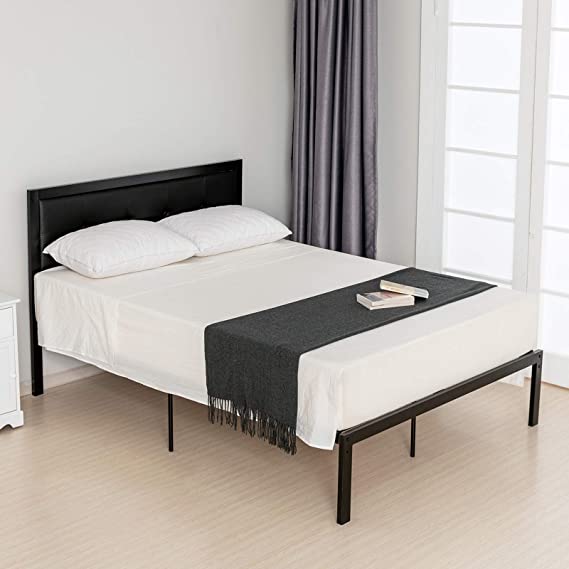 LAGRIMA Full Platform Bed Metal Frame - with Solid Metal Slats Support - Black Fax Leather Upholstered Headboard - Full Size