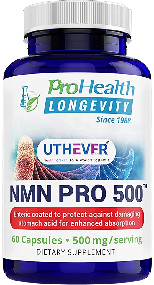 ProHealth Longevity NMN Pro 500 Enhanced Absorption - Uthever Brand - World’s Most Trusted Ultra-Pure, stabilized, Pharmaceutical Grade NMN to Boost NAD  (60 Capsules, 500 mg per 2 Capsule Serving)