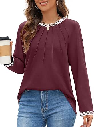 MEROKEETY Women's 2024 Fall Long Sleeve Tops Pleated Crew Neck Color Block Casual Loose Tee Shirts