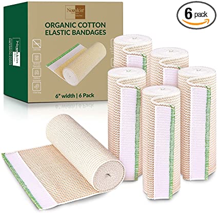 Nexskin (6” Wide, 6 Pack) | Latex Free Organic USA Cotton | Stretch Elastic Athletic/Medical Compression Wrap Hook & Loop Fasteners Both Ends | Lifetime Washable Reusable