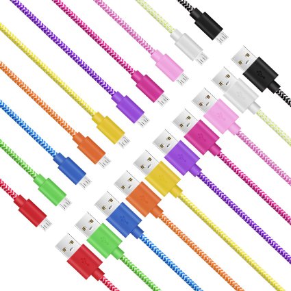 Micro USB Cable,Pvendor 10 Pack 10 Colors High Speed Extra Long 6Ft 2 Meter Nylon Braided Tangle-Free Micro USB Charging & Sync Data Cable Charger Cord for Samsung Galaxy S6 Edge S4 S3 S2 Note 2/4 Mega/Tab, HTC One X M8, Nexus 4/7/9/10, LG G3 G4, Moto G X, Nokia Lumia and many more Android Devices