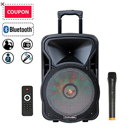 STARQUEEN 12" Portable Pa System Bluetooth Rechargeable Speaker with Wireless Microphone Remote Control and LED Party Lights, AUX/USB/TF Input, FM Radio, Handle & Wheels & Hole for Speaker Stand