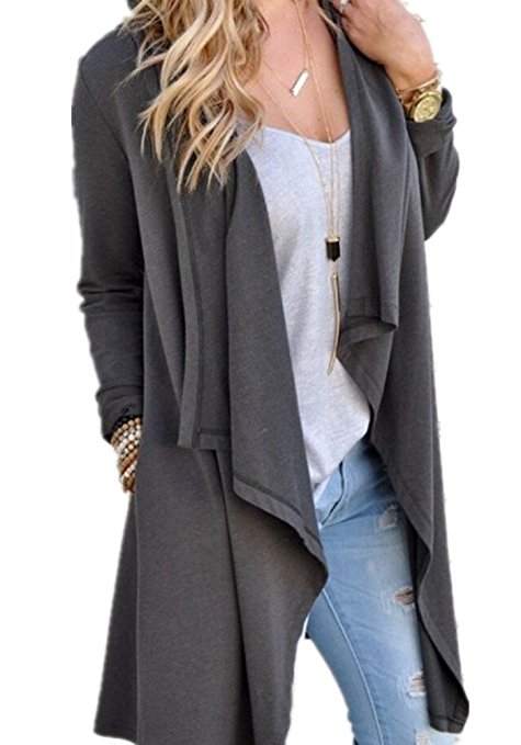 Poulax Women's Solid Lightweight Knitted Open Front Long Trench Coat Cardigan