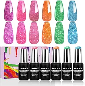 NXJ INFILILA Neon Gel Nail Polish, 6 Colors 10ml Glitter Gel Nail Polish Set, Holographic Sparkle Pink Blue Green Gel Nail Polish Set, Popular Nail Art DIY Salon Home Manicure Gifts