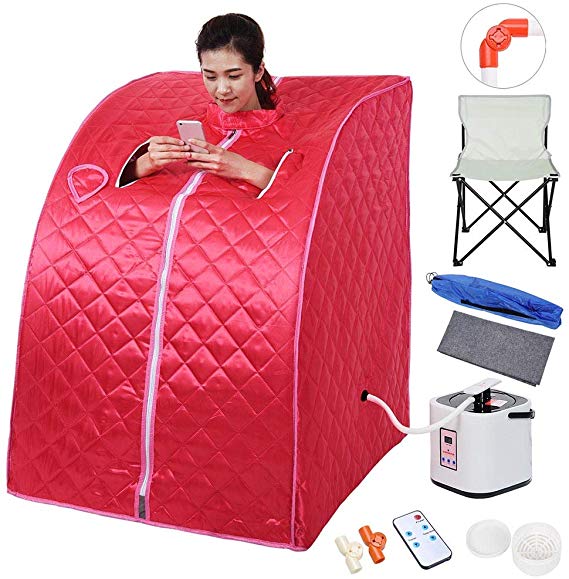 ZeHuoGe Red Portable Steam Sauna Kit SPA Detox 9-Level Temperature Adjustment 6-Level Time Setting 2L Steamer Digital Display Remote 220LBS Capacity of Chair US Delivery (Red)