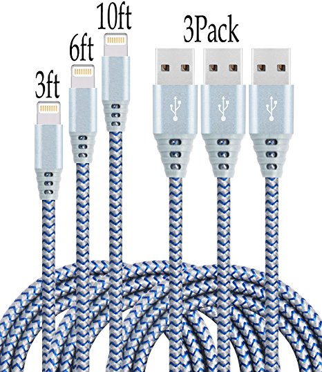 Frieso 3IN1 Nylon Braided Lightning to USB Charging Cable (3 6 10)ft for iPhone 7 7plus,6s 6 Plus, 5s 5c 5,SE, iPad Pro, Air 2, iPad mini 4 3 2, iPod touch 5th gen 6th gen nano 7th gen (Gray Blue)