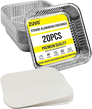 Zuvo Large Disposable Aluminium Foil Trays Containers with Paper Lids 25x25x4 cm, Takeaway Containers Good for Baking Roasting Broiling Cooking Food Storage (20 Trays and Lids)