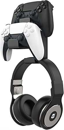 MoKo Controller Holder, Dual Gamepad Controller & Headphone Hanger for Xbox One, Xbox 360, PS3, PS4, PS5, PC, STEAM, Switch丨Wall Mount Stand for All Universal Headsets, Black