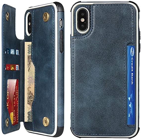 SailorTech iPhone Xs Wallet Case with Card Holder, iPhone X Case Premium PU Leather Kickstand & Card Slots, Double Magnetic Clasp and Durable Shockproof Back Flip Cover for iPhone X/XS, 5.8in-Blue