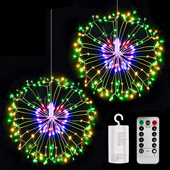 KOFOHO LED String Lights, Starburst Firework Light 8 Modes Dimmable with Remote Control, Battery Operated Hanging Fairy Lights with 198 LED, Decorative Wire Lights for Christmas (Muiltcolor-2 Pack)