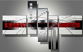 Wieco Art - Extra Large Size 5 Piece "Perfect White Lines" Modern Stretched and Framed Artwork 100% Hand-Painted Abstract Oil Paintings on Canvas Wall Art 5pcs/set