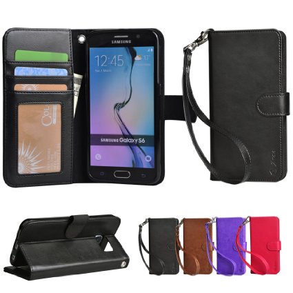 Galaxy S6 Case Arae Samsung Galaxy S6 wallet case Wrist Strap Flip Folio Kickstand Feature PU leather wallet case with IDampCredit Card Pockets For Samsung Galaxy S6 Black