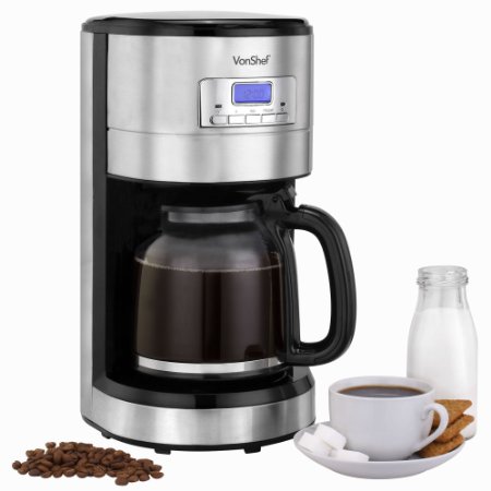VonShef Programmable Digital Filter Coffee Maker with 24 Hour Timer Reusable Filter Hot Plate and FREE Measuring Spoon- 12 Cup Capacity