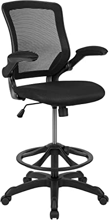 Flash Furniture Mid-Back Black Mesh Ergonomic Drafting Chair with Adjustable Foot Ring and Flip-Up Arms