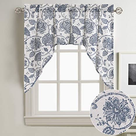 jinchan Swag Valance 38 inch Long Blue Kitchen Window Curtain Linen Print Scroll Jacobean Floral Paisley Medallion Rustic Country Style Living Room Window Treatment