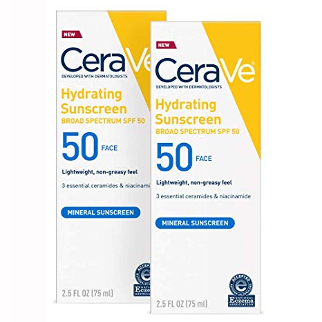 Cerave Sunscreen Face SPF 50 | 2.5 oz (Pack of 2) | Hydrating 100% Mineral Sunscreen | Fragrance Free