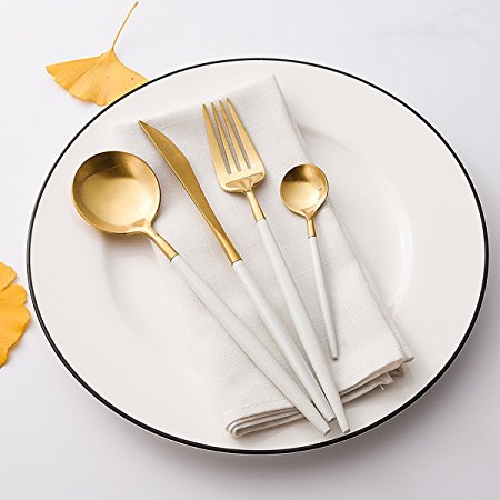 LEKOCH 4-Piece 18/10 Stainless Steel Flatware Including Fork Spoons Knife Silverware Set(White Golden)
