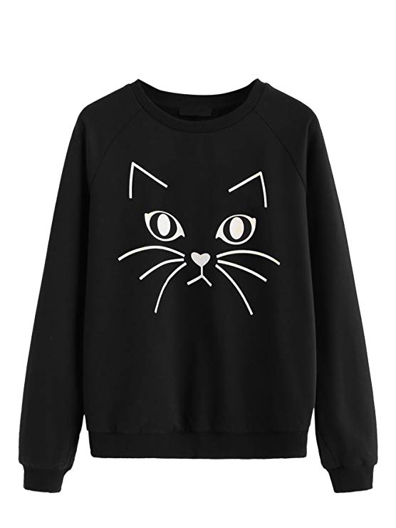 Romwe Women's Cat Print Sweatshirt Long Sleeve Loose Pullover Shirt