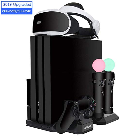 ieGeek PSVR Charging Stand Display, Playstation PS VR Storage Headset Holder, 2 PS Move   1 PS4 Controller Charger Docking Station, PS4 Pro / Slim / PS4 [All in 1] Vertical Stand Cooling Fan