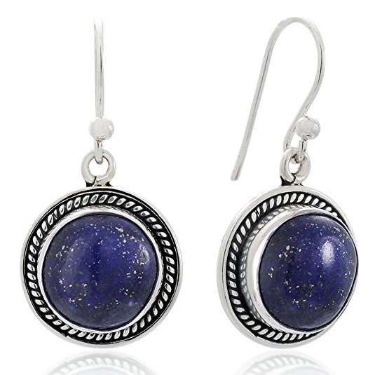 925 Oxidized Sterling Silver Natural Gemstone Round Shaped Rope Edge Dangle Hook Earrings 1.2"