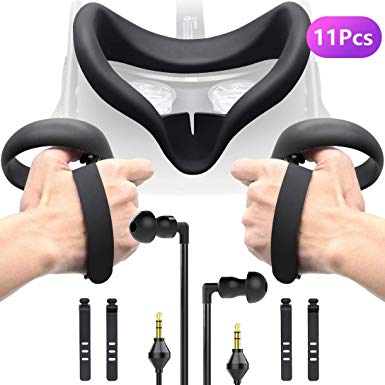 Accessories Bundle for Oculus Quest, Kit with Silicone Mask Pad Cover, Controller Knuckle Grip Strap, One-Side Headphones and Cable Clip Organizer for Oculus Quest