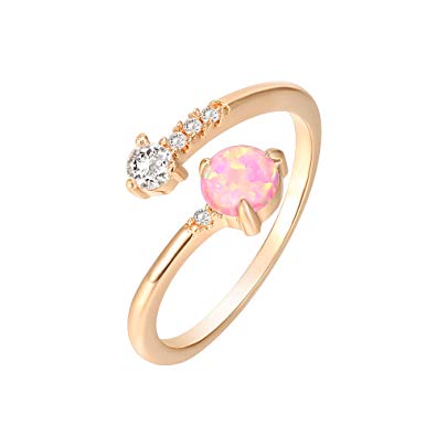 PAVOI 14K Gold Dipped Adjustable Sideways Opal Ring Celebrity Style Double Wrap Layering Stackable Ring Wedding Gift (Rose White and Yellow)