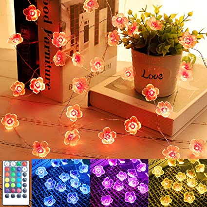 Cherry Blossom 16 Colors Flower String Lights 40 LED 13 Ft USB and Battery Operated Decorative Lights with Remote Control Gift for Teen Girls Mom Kids Valentines Day Gifts Wedding Garden Decor