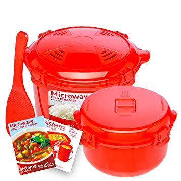 Sistema Microwave Cookware Rice Steamer Set with Lids -- Large Microwave Multicooker, Side Dish Bowl, Spoon and Recipes (BPA Free, 100% Food Safe) (Red Set)