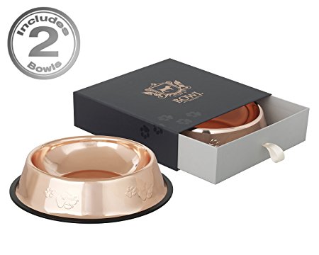 Dog Food Bowls in Designer Rose Gold by Beautiful Things Online – Set of 2 – Non Slip – 25oz 10” diameter – Non Skid Rubber – Stainless Steel – Food, Water – Dogs, Cats – Gift Packed
