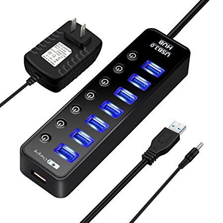 USB 3.0 Hub,ELEGIANT 8 Port High Speed USB HUB,7 Data Transfer Port and a 2.4A Charging Port with Separated Switches and Lights for Computers,iPhone,iPad,MacBook,Laptop,PC,Mobile with Power Adapter