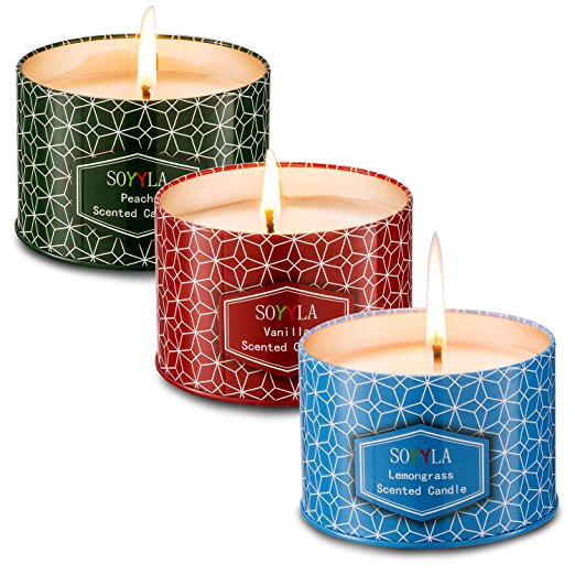 Soyyla Scented Candles Soy Wax Aromatheray 8.5 Oz tinplate,Set Of 3(Vanilla Lavender And Peach).