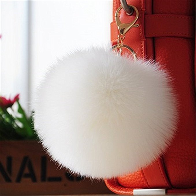 Dikoaina 2 Pieces Faux Fur Pom Pom Keychain Gold Ring Bag Charm Fluffy Fur Ball