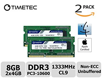 Timetec Hynix IC Apple 8GB Kit (2x4GB) DDR3 1333MHz PC3-10600 SODIMM Memory Upgrade For MacBook Pro 13/15/17 inch Early/Late 2011,iMac 21.5-inch Mid/Late 2010/2011,27-inch Mid 2010/2011,Mac Mini 5,1 & 5,2 Mid 2011 (8GB Kit (2x4GB))