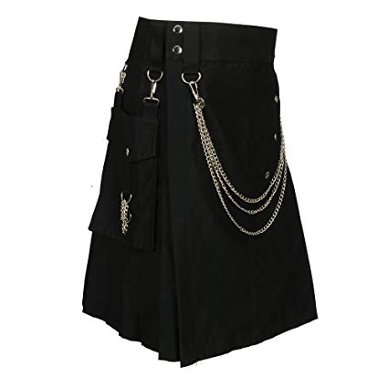 Scottish Black Fashion Utility Kilt With Silver Chains