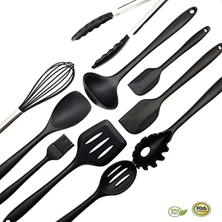 Bellagione Silicone Kitchen Utensil Set of 10 Cooking Item Non-Stick and Anti-Bacteria BPA-free and heat resistant For Cooking Baking and Grill (Black)