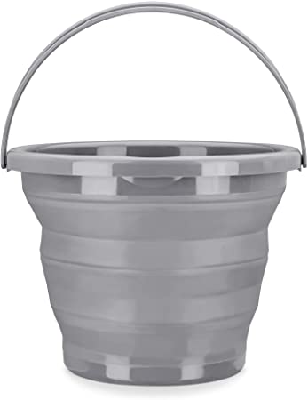 Navaris Collapsible Bucket with Handle - 1.3 Gallon (5L) Portable Pail for Camping, Beach, Gardening, Fishing, Water, Washing - Size M, Gray