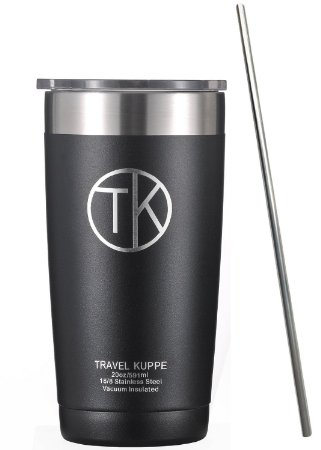 Travel Kuppe Premium 20oz w Straw - Vacuum Insulated Stainless Steel Tumbler Cup with Sip Lid - Keeps Hot & Cold Beverages 9 Hours Plus (Tested Up To 48 Hours) - Thermos Double Walled - Obsidian Black